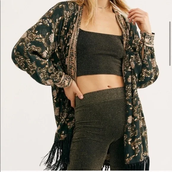 Free People Kaelin Embroidered Floral Fringe Kimono Open Jacket Size M - Picture 3 of 15